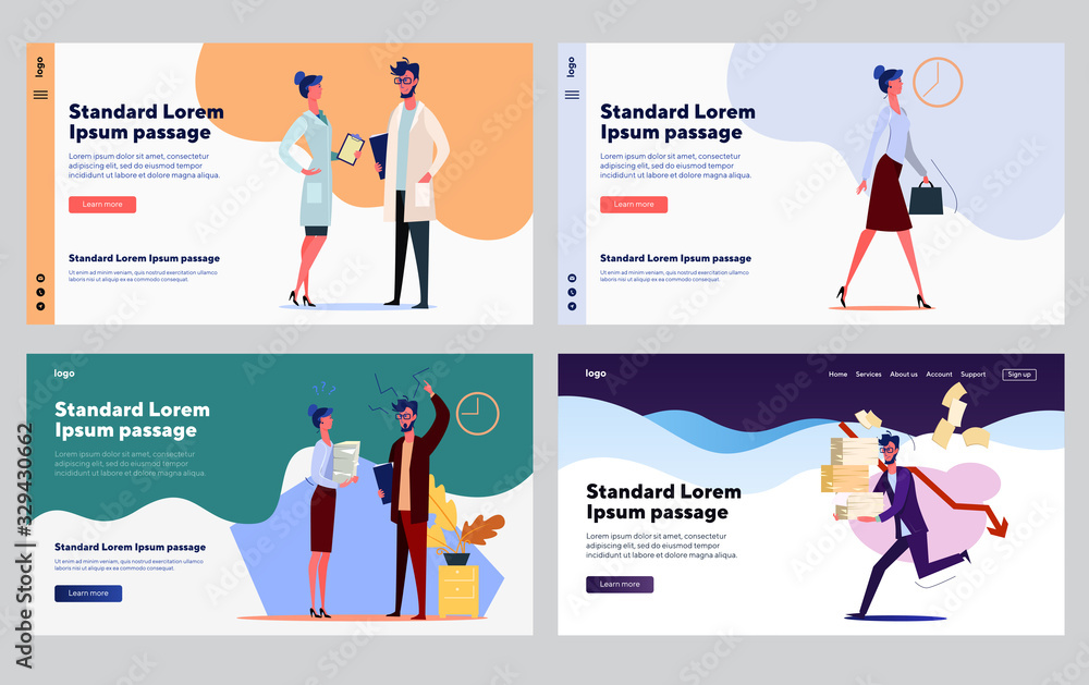 Stress at work set. Employees conflict, broken deadline, doctor office. Flat vector illustrations. Time management failure, job mistakes concept for banner, website design or landing web page Stress at work set. Employees conflict, broken deadline, doctor office. Flat vector illustrations. Time management failure, job mistakes concept for banner, website design or landing web page