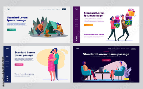 Couple and friends collection. Camping, celebration, pregnant, meeting in cafe. Flat vector illustrations. Love, relationship, communication concept for banner, website design or landing web page
