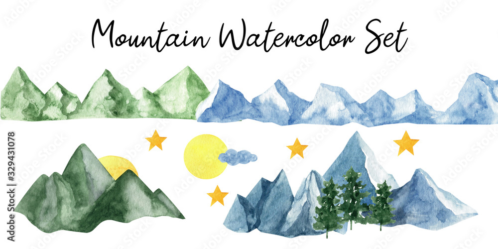 Obraz Adorable hand painted watercolor mountain and trees seamless pattern. Isolated on white background drawing for textile prints, child poster, cute stationery, travel design.