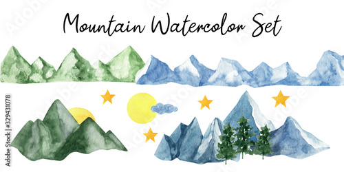 Plakat Adorable hand painted watercolor mountain and trees seamless pattern. Isolated on white background drawing for textile prints, child poster, cute stationery, travel design.
