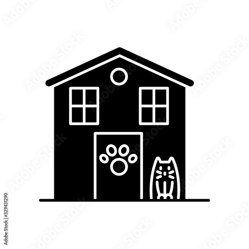 Animal shelter exterior sign black glyph icon. Stray cats and dogs house, homeless animals care place. Kitty welcome area. Silhouette symbol on white space. Vector isolated illustration