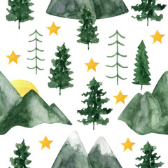 Wandcirkels Bergen patronen Aquarel bergen en bomen handgeschilderd  © anntre