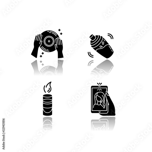 Clubbing drop shadow black glyph icons set. Night club recreation, entertainment venue. DJ record, cocktail shaker, hot shot and selfie isolated vector illustrations on white space