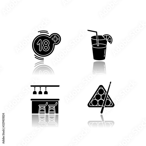 Adult recreation drop shadow black glyph icons set. Night club recreation activities. Eighteen plus number, cocktail, bar counter and billiards isolated vector illustrations on white space