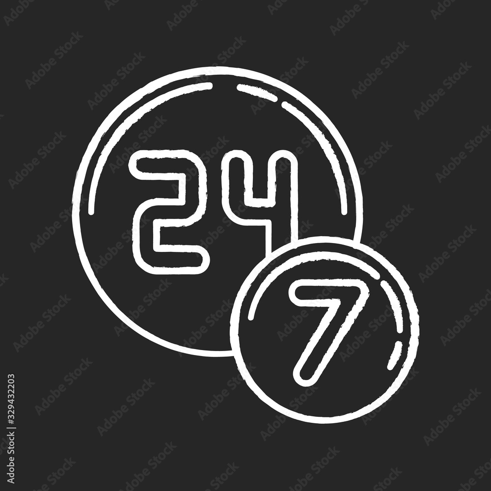 24 7 circle badge chalk white icon on black background. Twenty four seven hours round sign. Always available service. All week open store. Commerce and retail. Isolated vector chalkboard illustration