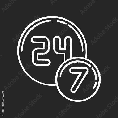 24 7 circle badge chalk white icon on black background. Twenty four seven hours round sign. Always available service. All week open store. Commerce and retail. Isolated vector chalkboard illustration
