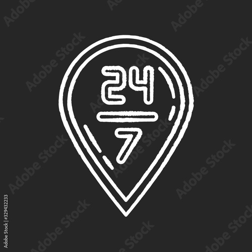 Fototapeta Naklejka Na Ścianę i Meble -  24 7 delivery chalk white icon on black background. Twenty four seven hours shipping. GPS sign with numbers. 24 7 service location. 24 h signage. Isolated vector chalkboard illustration