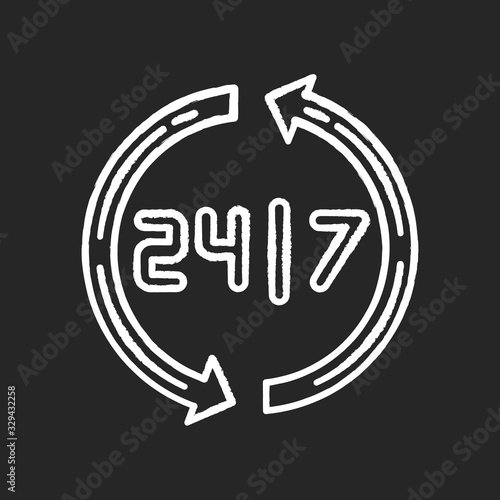 Open around the clock chalk white icon on black background. 24 7 hour service. Highly available industry. Twenty four seven hours commerce. Circular arrows. Isolated vector chalkboard illustration