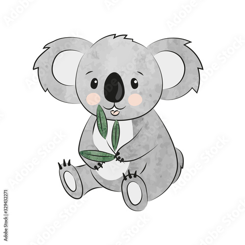 Cute cartoon koala eating eucalyptus. Vector watercolor illustration.