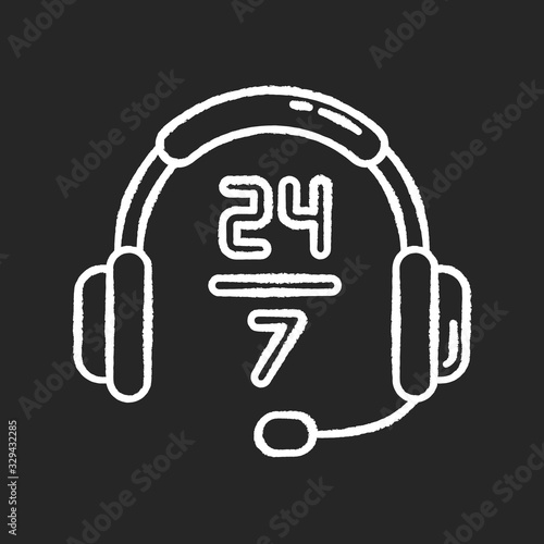 24 7 hour customer support chalk white icon on black background. Headphone sign for around the clock service. 24 hrs call. Helpline twenty four seven hours. Isolated vector chalkboard illustration