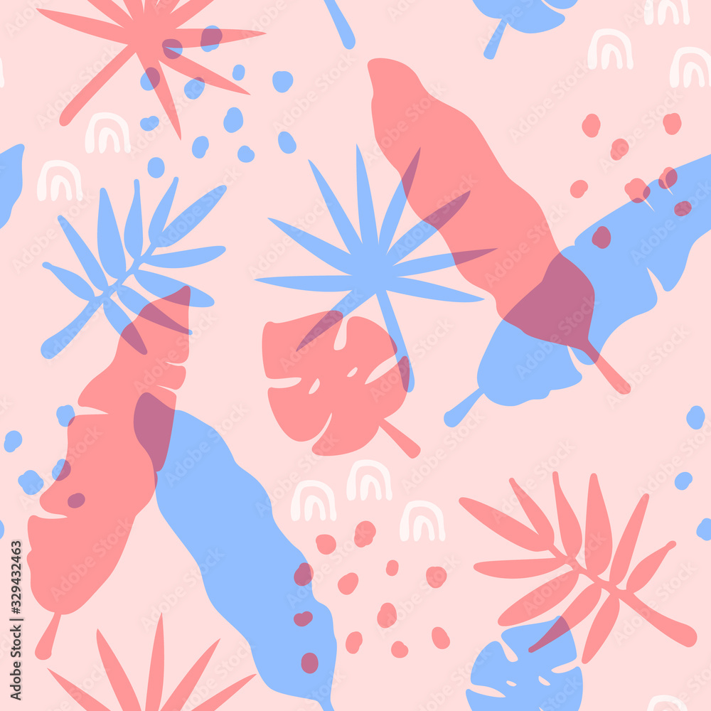Vector seamless pattern with tropical leaves and elements in colors overlay style. Modern design for wallpaper, textile, fabric, wrapping paper