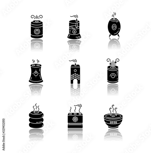 Air ionizers variety drop shadow black glyph icons set. Ultrasonic and steam air humidifiers, climate control devices, room humidity regulators. Isolated vector illustrations on white space