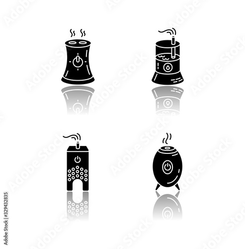 Water evaporators drop shadow black glyph icons set. Air humidifiers, climate control household appliances, premises humidity level regulators. Isolated vector illustrations on white space
