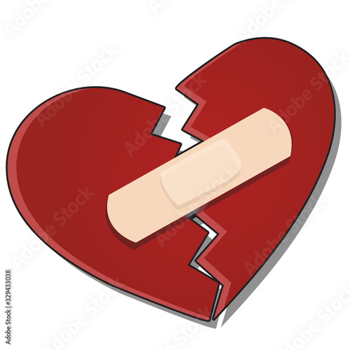 The broken heart is glued together with a plaster isolated on a white background. Vector cartoon close-up illustration.