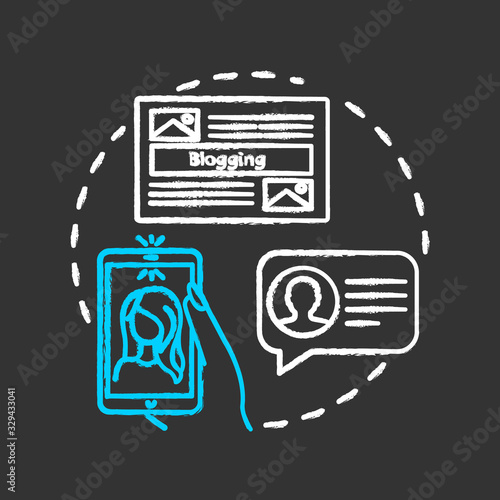 Blogs chalk RGB color concept icon. Internet streaming, social media network, vlogging idea. Using influencers for viral marketing. Vector isolated chalkboard illustration on black background
