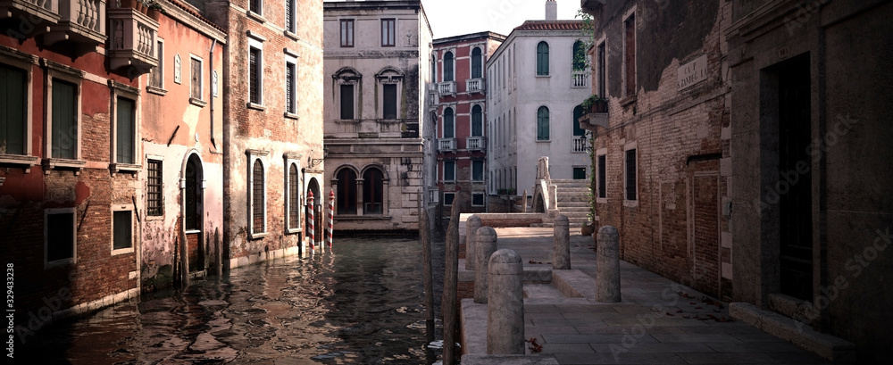 Empty street of Venice. Image suitable for illustrating quarantine imposed due to coronavirus. 3D illustration.