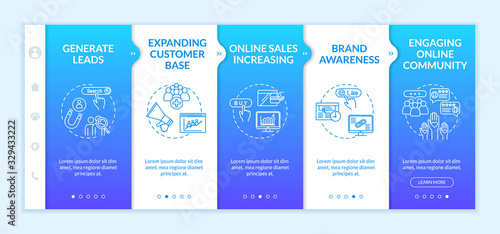 Online sales increase onboarding vector template. Lead generation and visitors attraction. Responsive mobile website with icons. Webpage walkthrough step screens. RGB color concept
