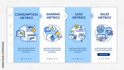 SMM strategy analysis onboarding vector template. Content marketing campaign efficiency metrics. Responsive mobile website with icons. Webpage walkthrough step screens. RGB color concept