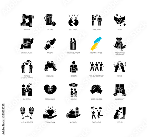 Friendly relationship black glyph icons set on white space. Friendship, interpersonal communication, emotional bond silhouette symbols. Best friends, buddies vector isolated illustration