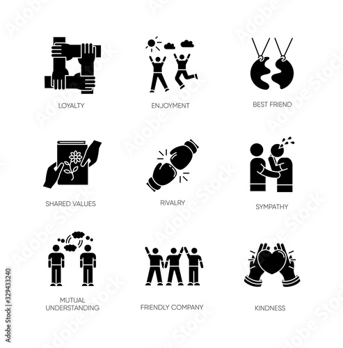 Friendship black glyph icons set on white space. Emotional affection, interpersonal bond, social relationship silhouette symbols. Togetherness and support. Vector isolated illustration