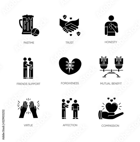 Friends relationship black glyph icons set on white space. Social connection, strong interpersonal bond silhouette symbols. Friendly communication, fellowship. Vector isolated illustration