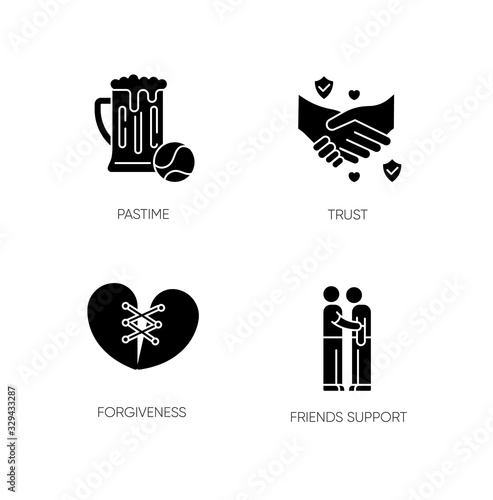 Best friends black glyph icons set on white space. Strong interpersonal bond, friendship silhouette symbols. Pastime, trust, forgiveness and friends support. Vector isolated illustration