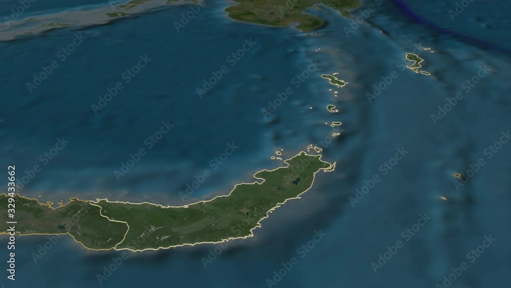 Sulawesi Utara, province with its capital, zoomed and extruded on the satellite map of Indonesia in the conformal Stereographic projection. Animation 3D Sulawesi Utara, province with its capital, zoomed and extruded on the satellite map of Indonesia in the conformal Stereographic projection. Animation 3D