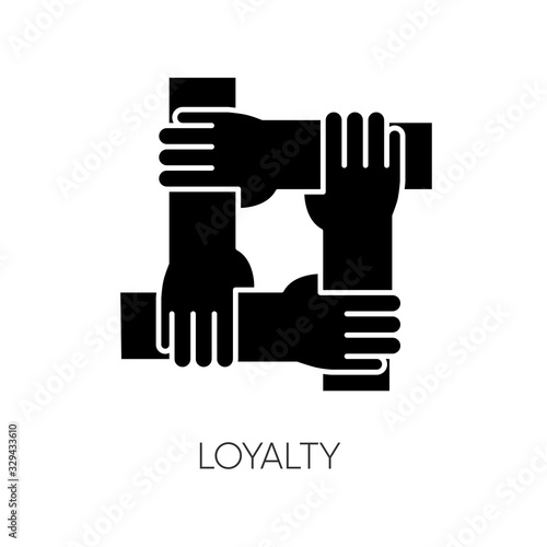 Loyalty black glyph icon. Social connection, collective bonding. Friendship, unity, teamwork silhouette symbol on white space. People holding together hands vector isolated illustration