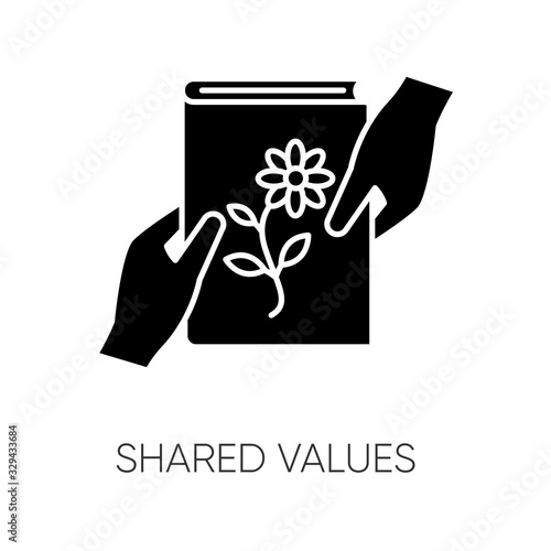 Shared values black glyph icon. Common interests, friendly exchange silhouette symbol on white space. Literature, scrapbooking hobby. Friends sharing book. Vector isolated illustration