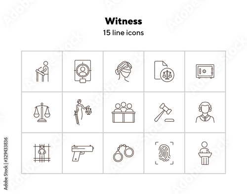 Witness line icon set. Scale, jury bench, judge, court. Justice concept. Can be used for topics like crime, trial, legal procedure