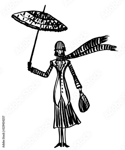 drawing picture of a young woman nanny with an umbrella in old clothes, isolated ink hand-drawn graphic vector illustration