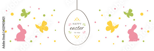 Easter banner with hand drawn hanging egg greetings, bunnies and butterflies. Doodles and sketches vector vintage illustrations, DIN A6.