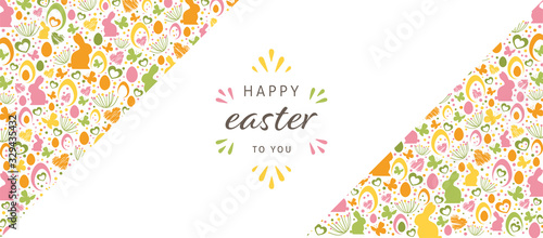 Easter banner with hand drawn elements like eggs, bunnies, flowers, dots and butterflies. Doodles and sketches vector vintage illustrations, DIN A6.