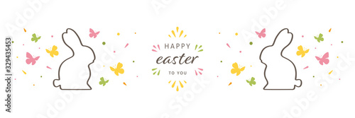 Easter banner with greetings, bunnies and butterflies. Hand drawn doodles and sketches vector vintage illustrations, DIN A6.
