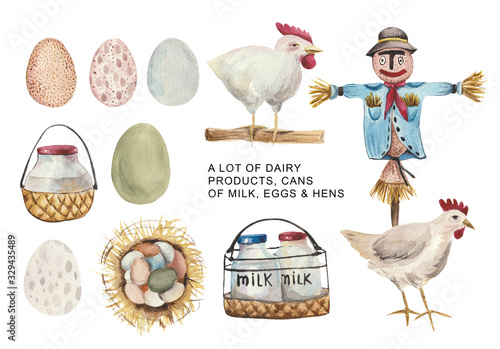 Watercolor set of chicken eggs, a scarecrow in the old clothes of a farmer and a couple of hens. Also baskets and cans of milkman. For compositions on the theme of farm and country life. Isolated