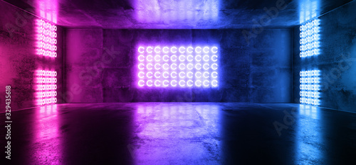 Sci Fi Futuristic Neon Led Laser Glowing Modern Elegant Empty Dark Vibrant Blue Purple Glowing Stage Podium Lights On Reflective Grunge Concrete Tunnel Corridor Club Room 3D Rendering