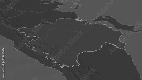 Sumatera Selatan, province with its capital, zoomed and extruded on the bilevel map of Indonesia in the conformal Stereographic projection. Animation 3D photo