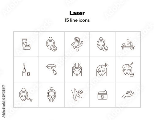 Laser line icon set. Cream, hairdressing, makeup, injection. Beauty care concept. Can be used for topics like skin care, female face, beauty salon