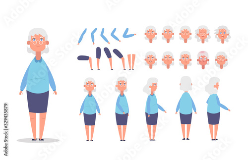 Elderly woman character constructor for animation with various views, poses, gestures, hairstyles and emotions. Cartoon old woman, grandma parts of body ready to use poses. Vector illustration
