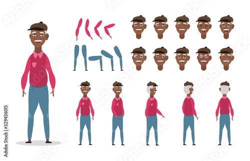 Elderly African American man character constructor for animation with various views, poses, gestures, hairstyles and emotions. Cartoon old man, grandpa parts of body ready to use poses. Vector