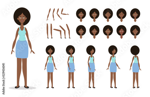 Woman character constructor for animation with various views, poses, gestures, hairstyles and emotions. Cartoon African American woman, female parts of body ready to use poses. Vector illustration
