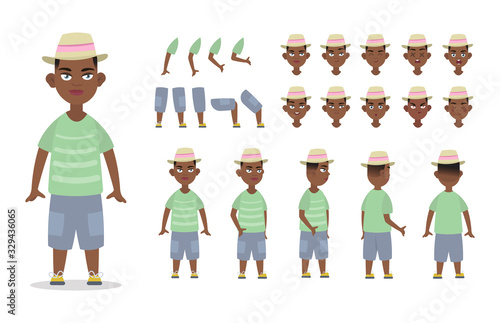 Little African American boy character constructor for animation with various views, poses, gestures, hairstyles and emotions. Cartoon Kid boy, children parts of body ready to use poses. Vector