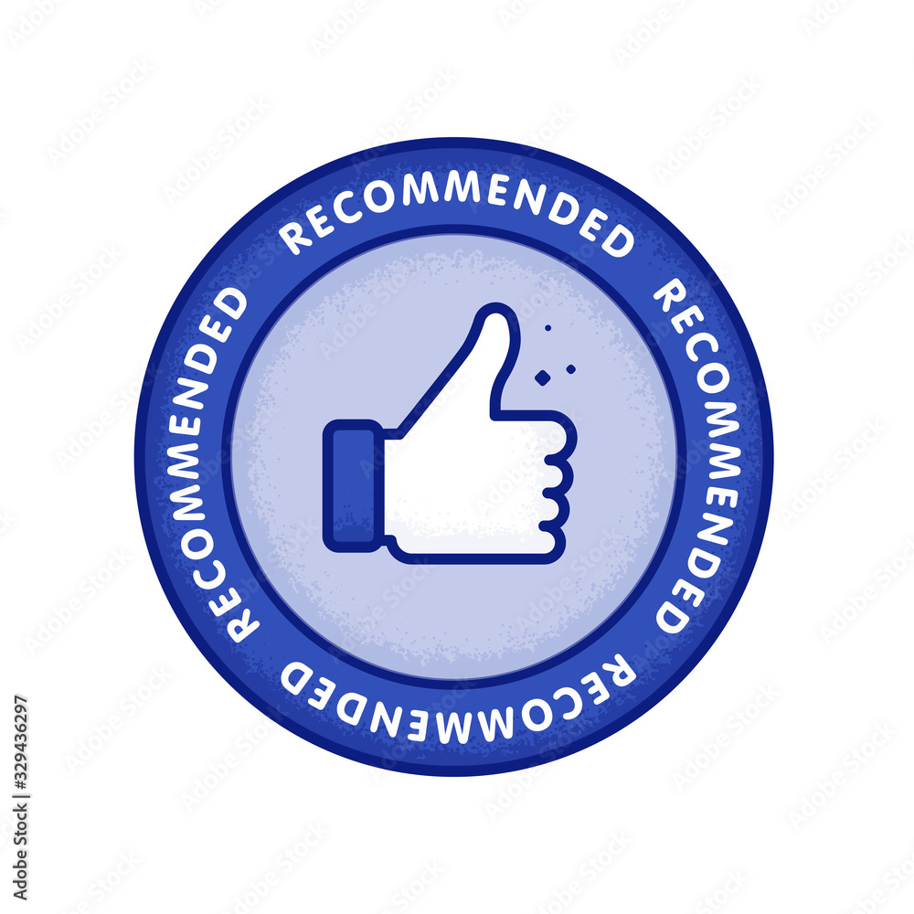 Recommended icon. Line label recommended with thumb up. Sign brand with recommended. Best tag for great brend. Banner thumb up on isolated background. Vector illustration Recommended icon. Line label recommended with thumb up. Sign brand with recommended. Best tag for great brend. Banner thumb up on isolated background. Vector illustration