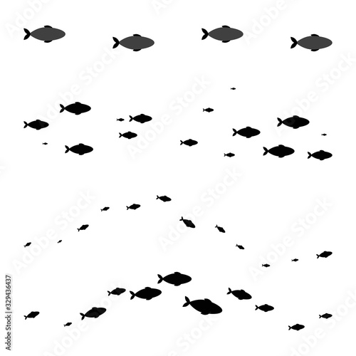 Vector element of black silhouette of fish in shoals swimming in wave line isolated on white background