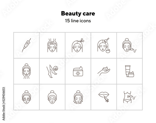 Beauty care line icon set. Woman, cream, hairdressing. Beautician concept. Can be used for topics like beauty salon, self care, rejuvenation