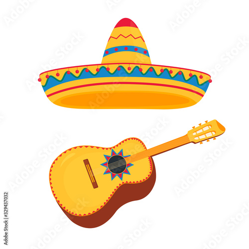 Traditional Mexican Sombrero and Guitar vector icon