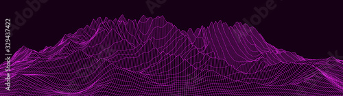 Vector wireframe 3d landscape. Technology grid illustration. Network of connected dots and lines. Futuristic background.