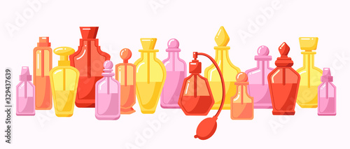 Vector cartoon set of colourful perfume bottles on the white background for game and cosmetic markets banners. All elements are isolated. Pink orange yellow colors. Modern flat style. 3D beauty bottle