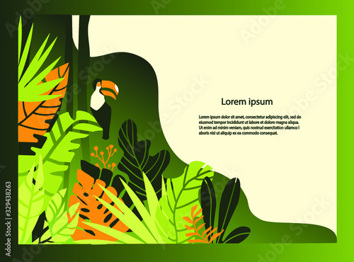 Vector illustration for landing page with tropical landscape, leaves and toucan. Cartoon style. For children books, web banners, flat design, poster. Green and yellow gungle. All elements are isolated photo