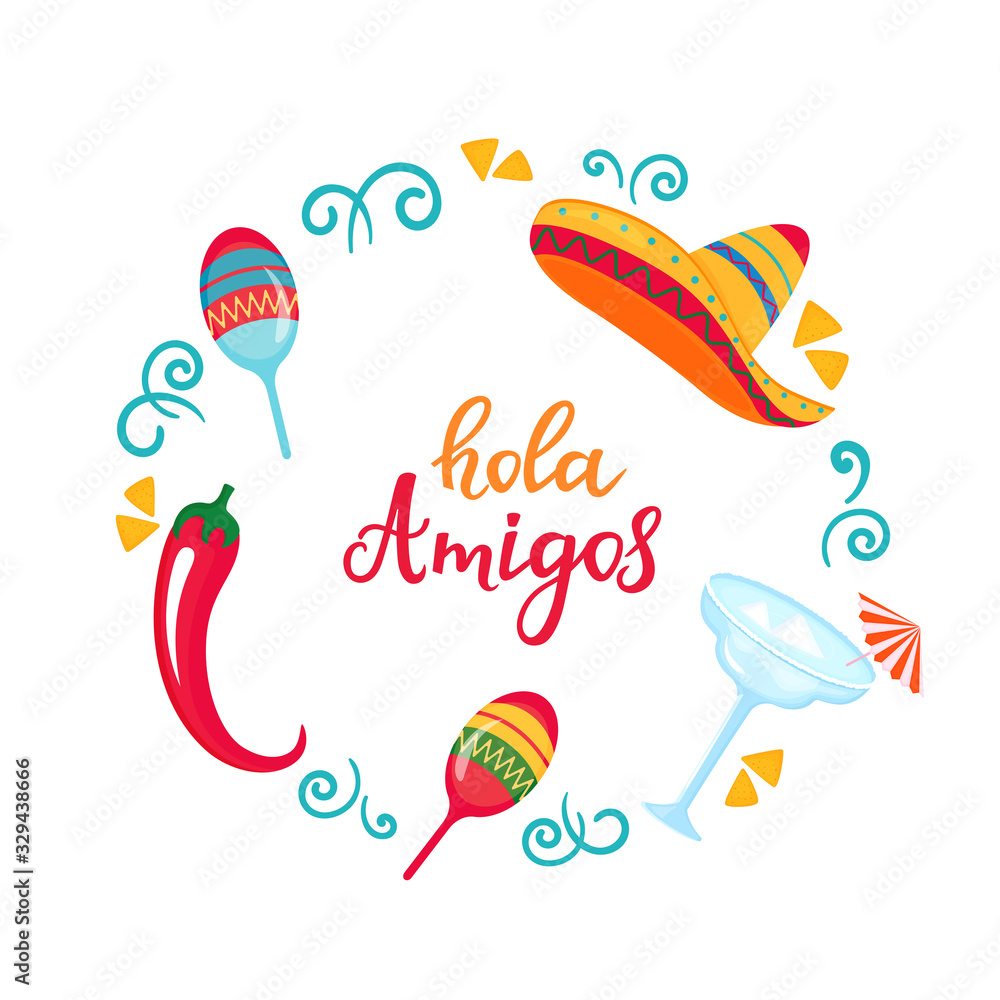 Hola Amigos poster with sombrero, maracas, margarita and chili pepper